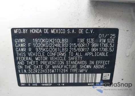2025 Honda Hr-V Awd Lx z USA, uszkodzony, nr VIN 3CZRZ2H33SM771294